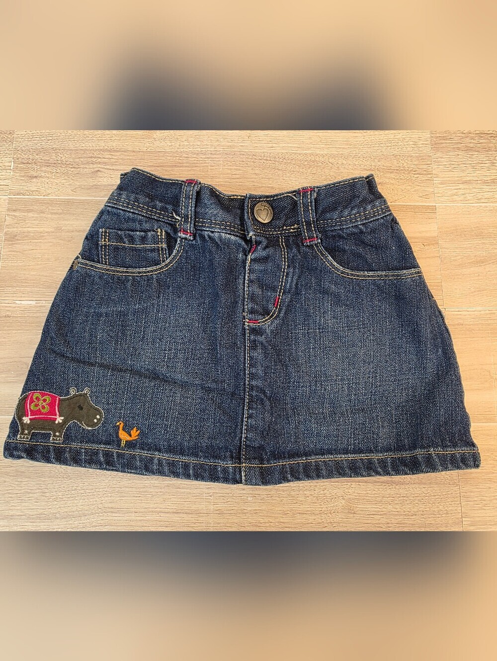 Girls 2T Gymboree Dark Blue Denim Skirt with Hippo Embroidery
